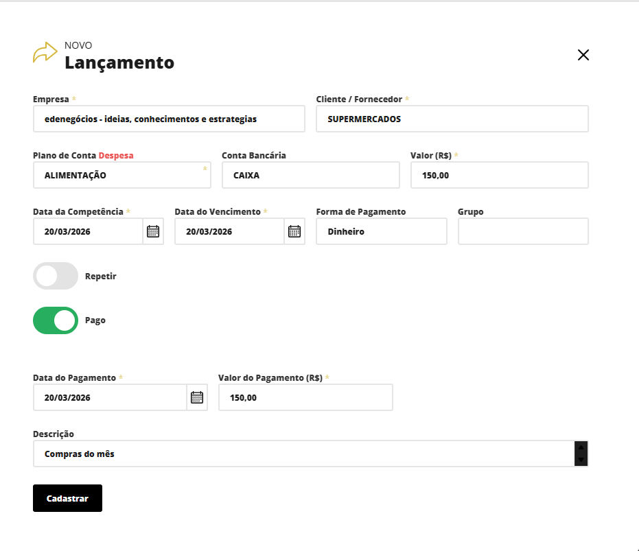 Tela de lançamento financeiro EDN